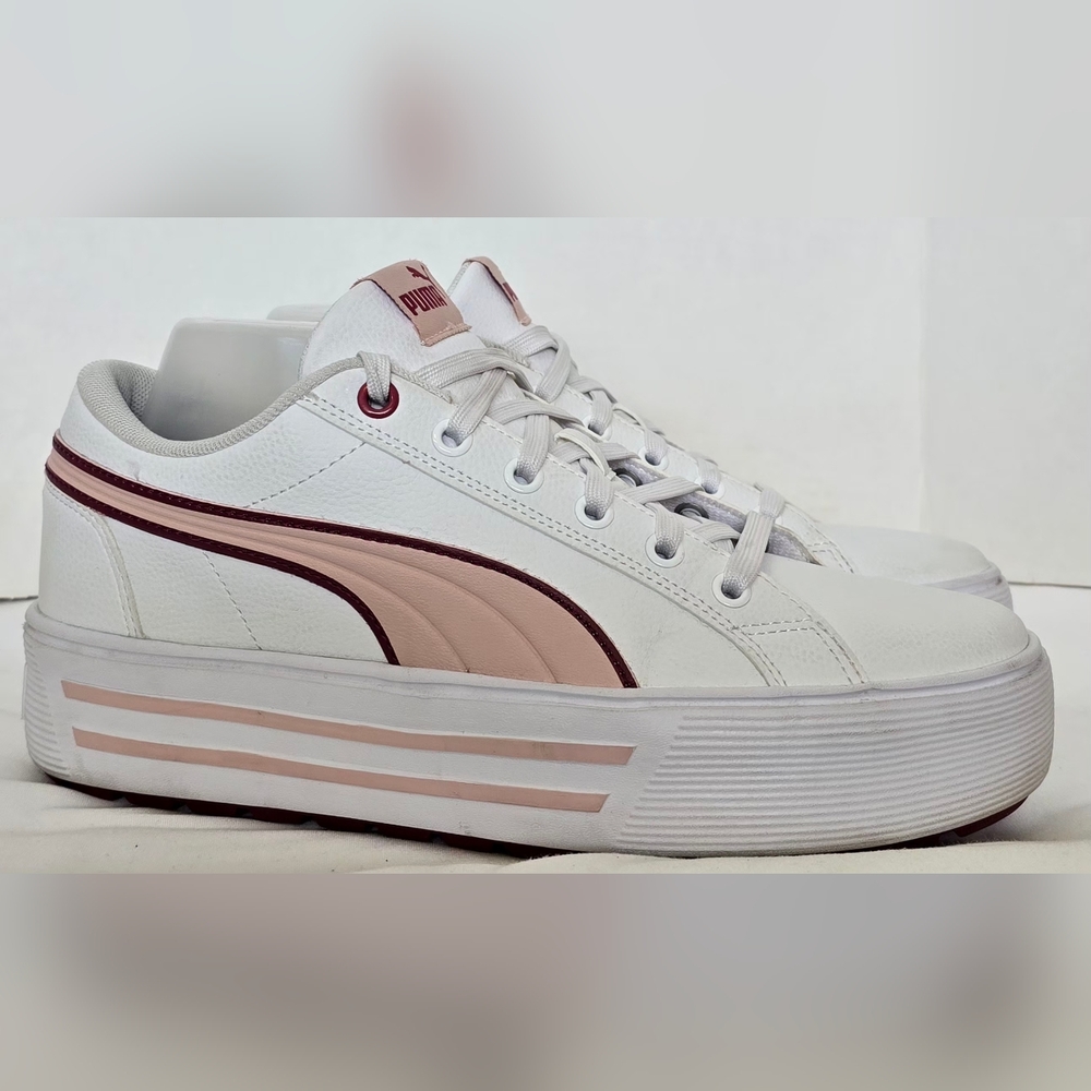 Puma Women's White and Pink Leather Sneakers 9 - Picture 3 of 7